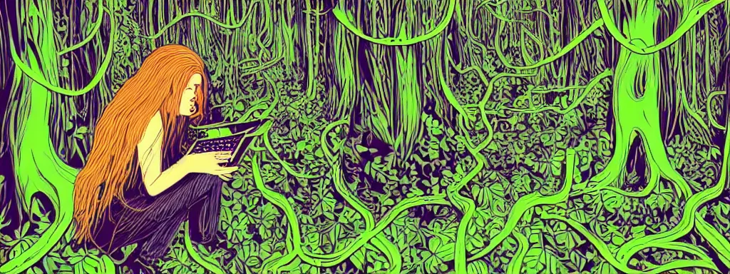 Image similar to a grunge technogaianist long-haired blonde digital musician playing modular synthesizer in the forest, technology and nature swirling in harmony, plugging vines into the synthesizer, trees swaying to the beat, postmodern surrealist concert poster, grainy poster art, hand drawn matte painting by Tara McPherson and Gary Houston, smooth, sharp focus, extremely detailed, 50mm.