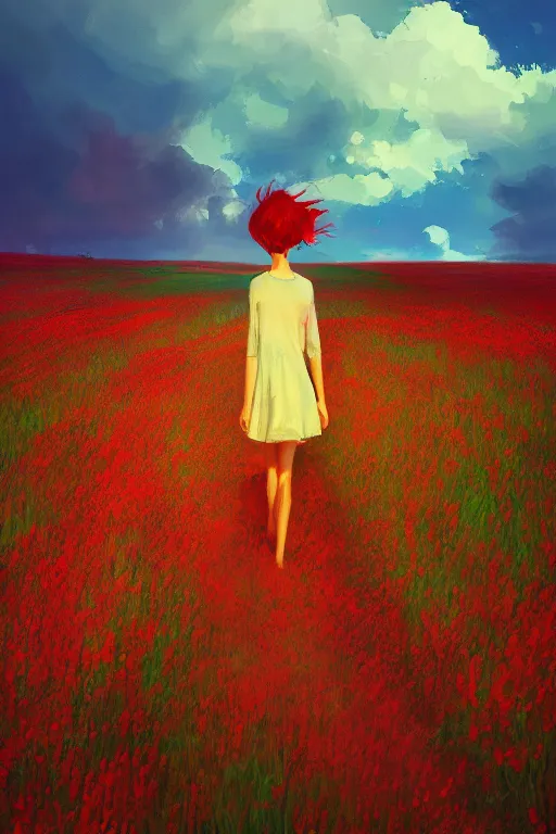 Prompt: red haired girl walking in a flower field, surreal photography, sunrise, dramatic light, impressionist painting, colorful clouds, digital painting, artstation, simon stalenhag