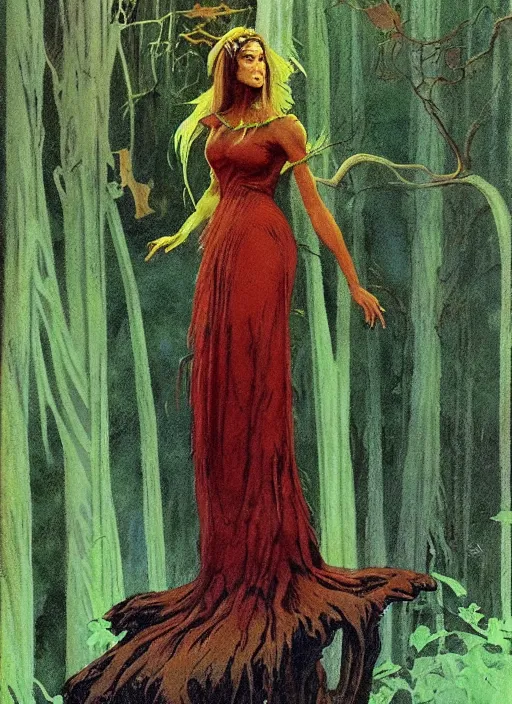 Image similar to mighty fey queen, vine dress, glowing forest, strong line, eerie color, beautiful! coherent! by frank frazetta, by brom