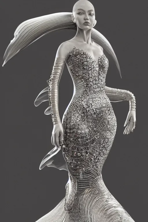 Image similar to a highly detailed medium shot 8 k render portrait of an alien goddess gigi hadid in iris van herpen dress schiaparelli in diamonds and jewelry in style of alphonse mucha trending on artstation made in unreal engine 4