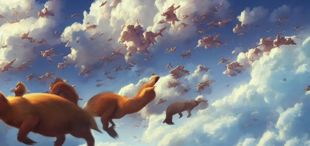 Prompt: A beautiful digital fantasy painting of giant floating capybaras migrating across the sky, trending on artstation, by Stanley Artgerm Lau, WLOP, Rossdraws, James Jean, Andrei Riabovitchev, Marc Simonetti, and Greg Rutkowski