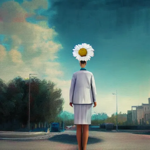 Image similar to giant white daisy flower head, frontal, girl in a suit, standing in street, surreal photography, sunrise, dramatic light, impressionist painting, digital painting, artstation, simon stalenhag