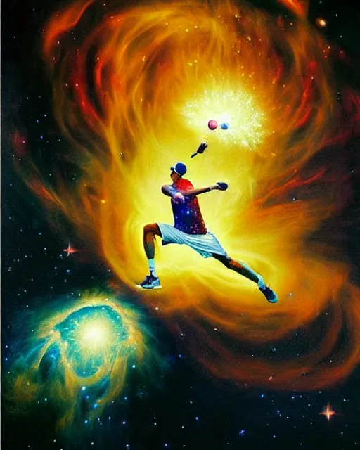 Prompt: cosmic tennis player serving a tennis ball in a nebula, an oil painting, by ( leonardo da vinci ) and greg rutkowski and rafal olbinski, award - winning magazine cover