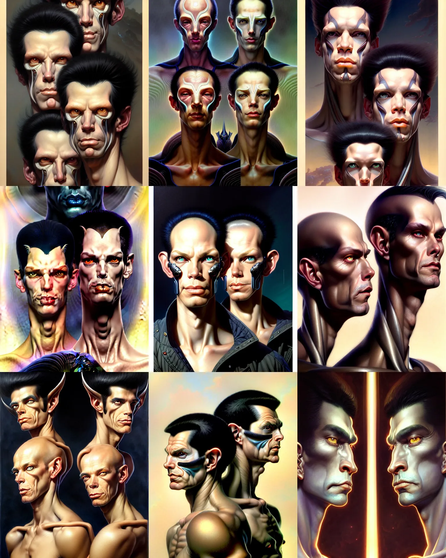 Prompt: beautiful male twins portrait slightly elongated faces, black hair,, ultra realistic, intricate details, the fifth element artifacts, highly detailed by peter mohrbacher, allen williams, hajime sorayama, wayne barlowe, boris vallejo, aaron horkey, gaston bussiere, craig mullins