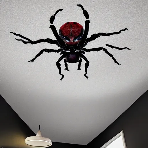 Image similar to picture of bedroom ceiling with spider monster elon musk crawling on ceiling, horror, cryptid, monster, horror, black, dark, horror,