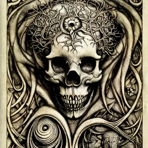 Prompt: memento mori by arthur rackham, art forms of nature by ernst haeckel, exquisitely detailed, art nouveau, gothic, ornately carved beautiful skull mask dominant, intricately carved ornamental antique bone, art nouveau botanicals, art forms of nature by ernst haeckel, horizontal symmetry, symbolist, visionary