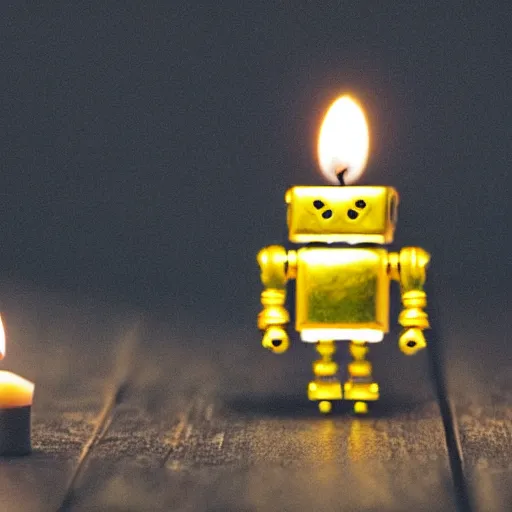 Image similar to a cute little robot sitting on a matchstick with a lit candle in the background