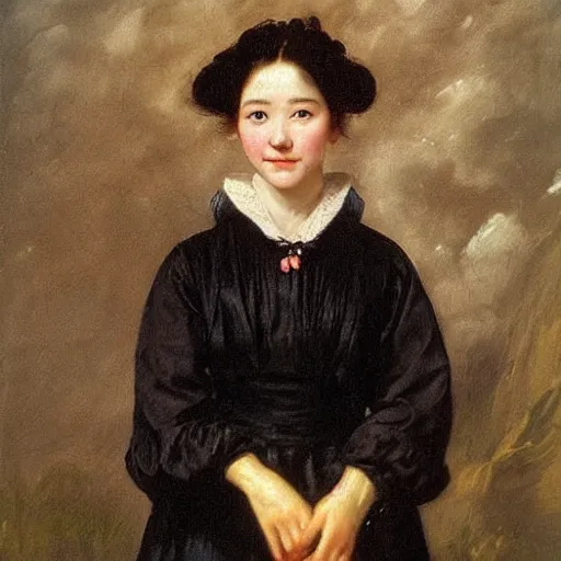 Prompt: a ((sadly)) (((smiling)))) black haired, young hungarian village maid from the 19th century who looks very similar to (((Lee Young Ae))) with a two french braids, detailed, soft focus, realistic oil painting by Van Dyck