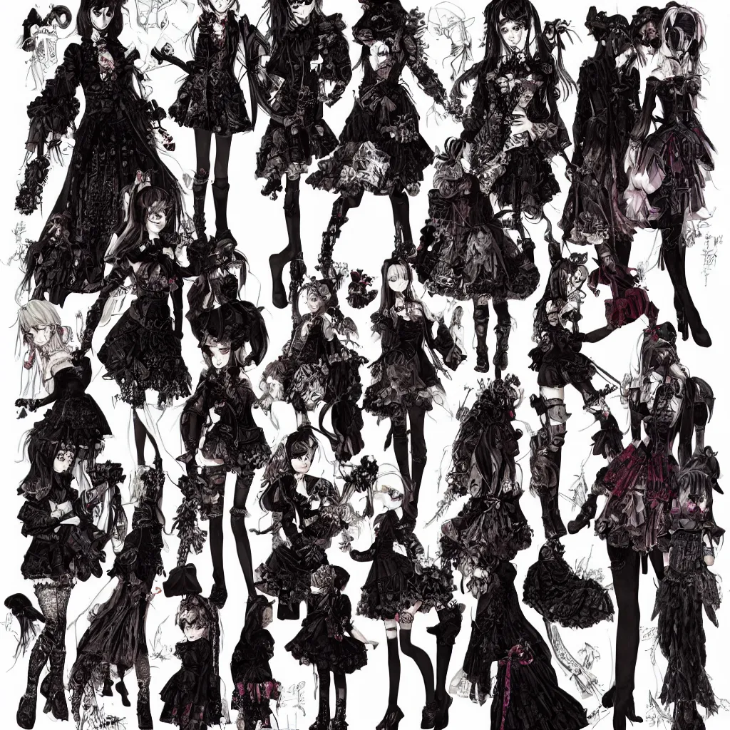 Image similar to anatomy of a gothic lolita, fashionable, spikes, by james gurney