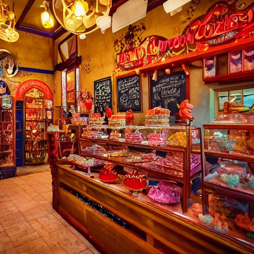 Prompt: Inside a magical old fashioned sweet shop, fantasy vendor interior, wide angle, cinematic shot, highly detailed, cinematic lighting , photo-realistic