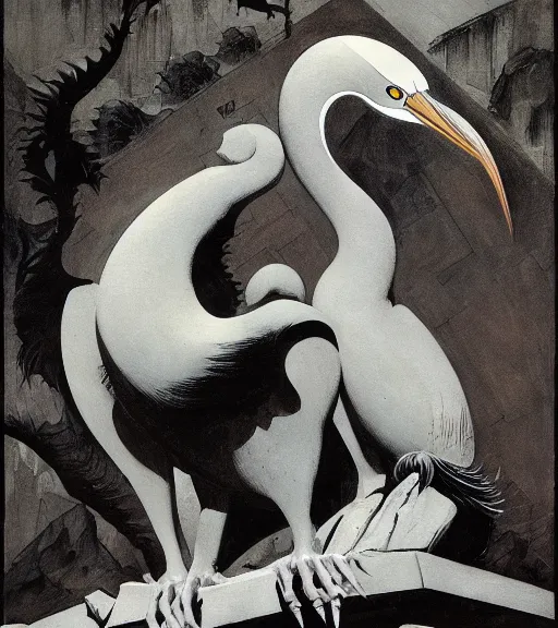 Prompt: the shrine of the heron by Frank Frazetta, trending on furaffinity, HD, detailed, cubism, monochrome