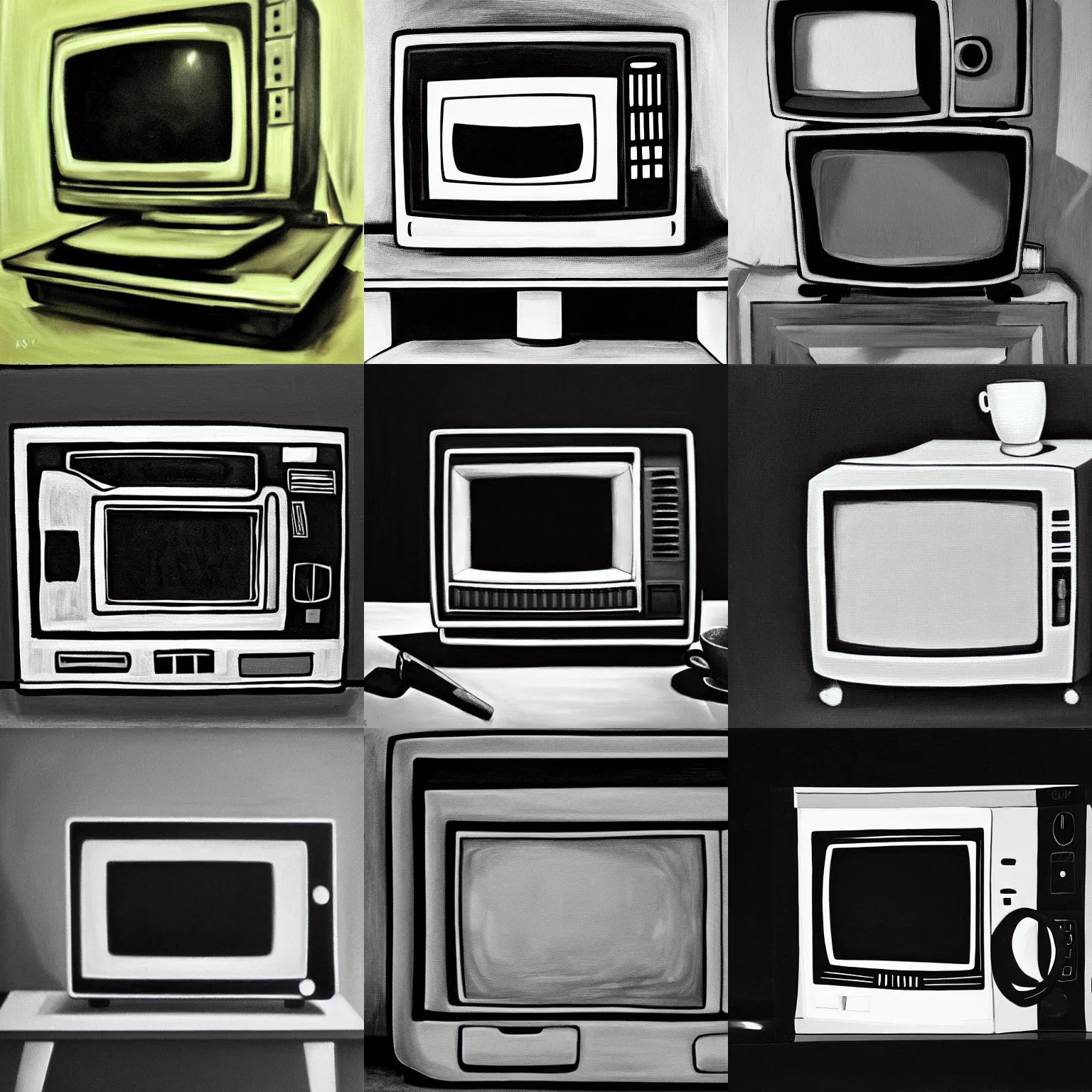 Prompt: a monochrome oil painting of a crt television. there is a coffee mug next to it. dark background, still life painting, wikiart, black and white