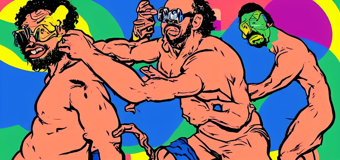 Image similar to Sam Hyde sparring with Joe Rogan, Mike Judge art style, 90's mtv illustration, clean illustration with thick lines, vivid complementary colors