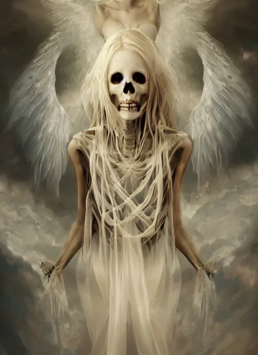 Prompt: painting of a floating angelic skeleton spirit made out of clouds and floating ribbons, full body, beautiful female face, spectrum colours, angelic, epic realistic, raphaelites, baroque, renaissance, cinematic light, hyper detailed, 8 k, volumetric, octane render