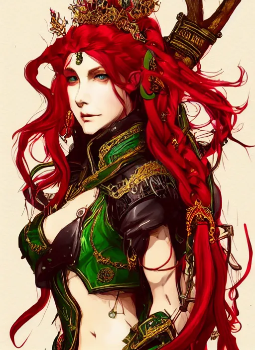 Prompt: Full body portrait of a beautiful young haughty elven princess with red braided hair wearing red, green and gold ornate leather jacket, golden tiara and an axe. In style of Yoji Shinkawa and Hyung-tae Kim, trending on ArtStation, dark fantasy, great composition, concept art, highly detailed.