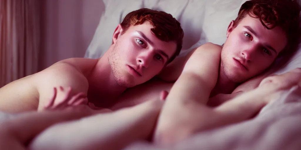 Prompt: handsome young man in bed wearing a dress golden hour window light highly detailed sharp zeiss lens f 1 6 masterpiece ryan mcginley