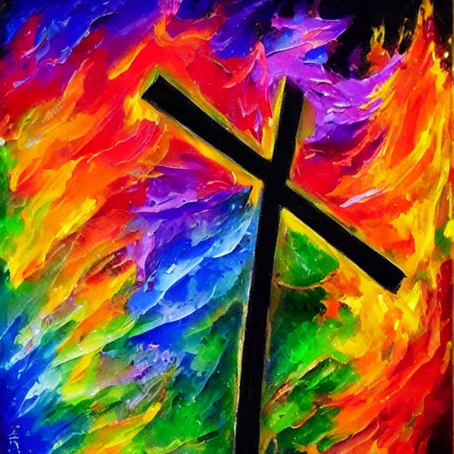 Prompt: cross on fire burning in gushing flames, rainbow colors, oil painting, bold strokes