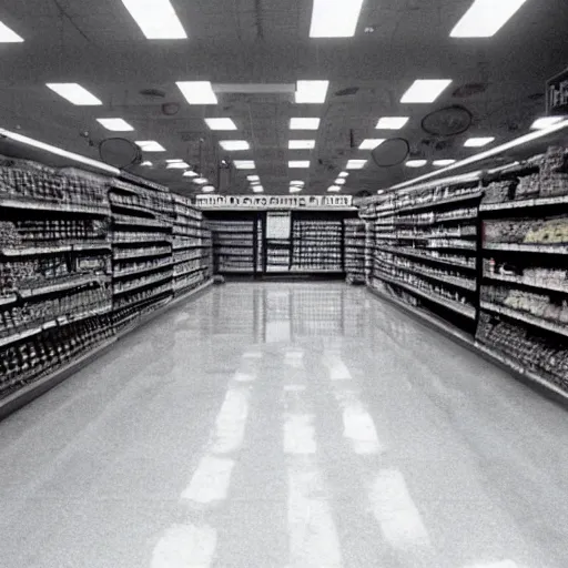 Image similar to an empty grocery store with lots of fog, 1 9 9 0 s photo