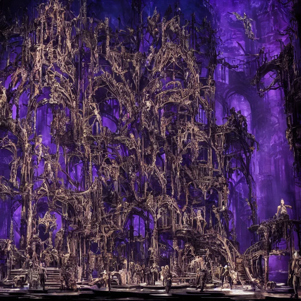 Image similar to photo, a highly - themed dramatic broadway musical set design with huge spectacle, dark and moody futuristic, a dark gothic psychedelic palace