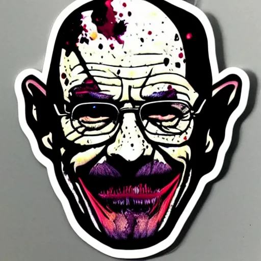 Image similar to die cut sticker, walter white laughing like the joker, splatter paint