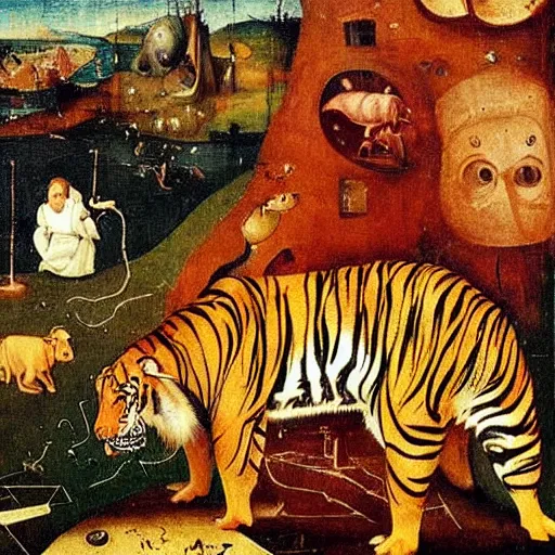 Prompt: in a dream world, a tiger tries to close an important deal, a pig tries to prevent the success of the deal, in the style of victor stabin, afro, cagli and hieronymus bosch, epic composition, insanely quality, only with red and crimson colors, masterpiece