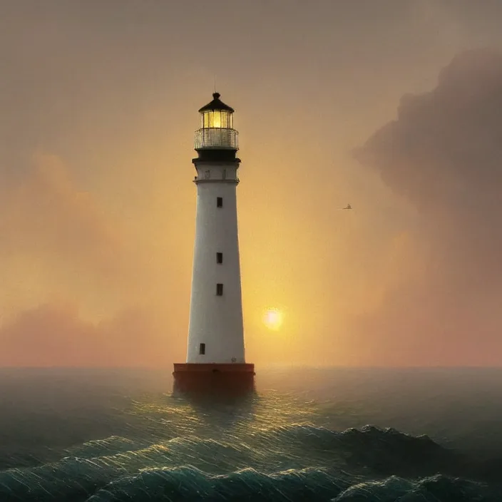 Image similar to a beautiful painting of a lighthouse on the sea, sunset by ivan aivazovsky and zdzisław beksinski and rene magritte and greg rutkowski and james gurney, in style of digital art. hyper detailed, sharp focus, soft light. octane render. maya. ray tracing. trending on artstation