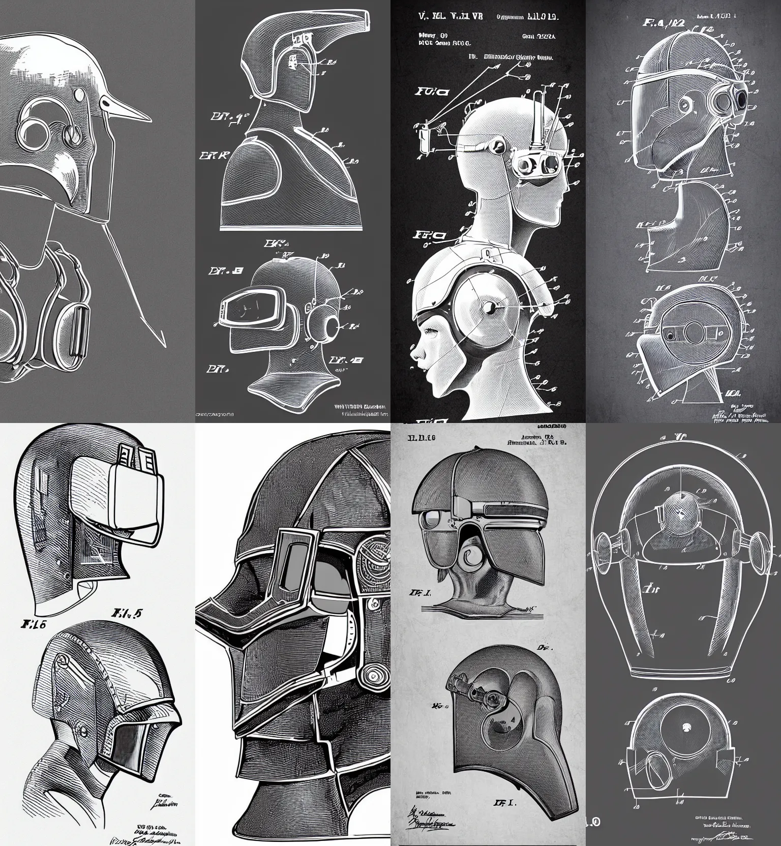 Image similar to a patent drawing of an intricate detailed vr headset from the future in the shape of a medieval knight helmet, extremely detailed alien technology vr!!! headset, with arrows and side angels