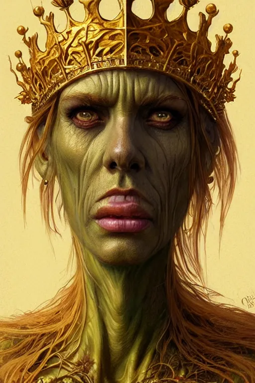 Prompt: Portrait of swamp monster with a golden crown on its head, D&D, face, fantasy, intricate, elegant, highly detailed, digital painting, artstation, concept art, smooth, sharp focus, illustration, art by artgerm and greg rutkowski and alphonse mucha