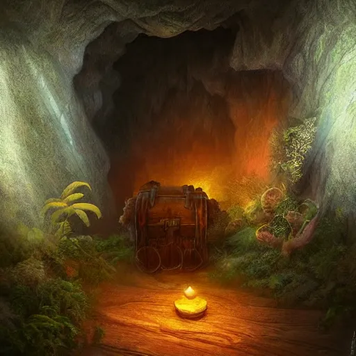 Prompt: (((glowing))) treasure chest in ethereal lush cave with mystical ambiance and fog, desaturated, realistic, sharp focus, highly detailed, by artgerm