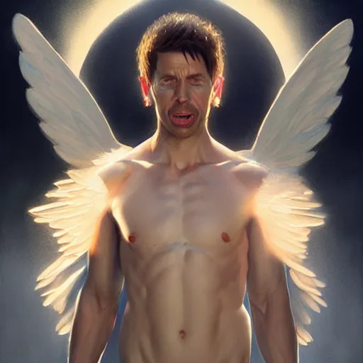 Image similar to michael mcintrye as the angel michael, anatomy, bathed in light, highly detailed, photorealistic, artstation, smooth, sharp focus, illustration, unreal engine 5, 8 k, art by artgerm and greg rutkowski and edgar maxence