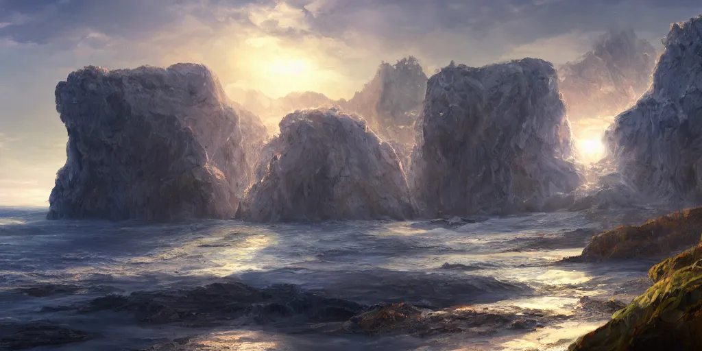 Prompt: salt covered islands surrounded by sheer gleaming detailed quartz cliffs, illustration, bright sunlight, sun glints, sunrays, digital art, oil painting, fantasy, 8 k, trending on artstation, detailed