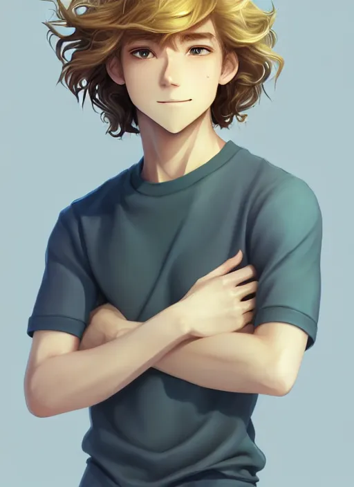 Image similar to young man with medium - length, curly, golden hair, perfectly proportioned face, aquamarine eyes, sweet smile, natural lighting, path traced, highly detailed, high quality, cartoon, digital painting, by new haicheng and studio ghibli