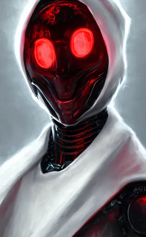 Image similar to face portrait of a robot in an all white hood and robe, with red glowing eyes, dynamic lighting, fantasy concept art, trending on art station, stunning visuals, creative, cinematic, ultra detailed