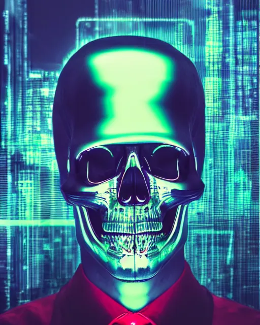 Prompt: dramatic cyberpunk portrait of a metallic skull in a suit, crystalline, red glow, green glow, blue glow, atmospheric haze, intense shading, optic ripple, backlit, bokeh, centered