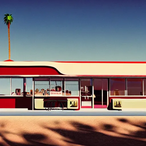 Image similar to photorealistic 1960s diner cafe in the middle of a desert,