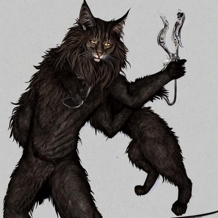 Image similar to Khajit Tabaxi Catfolk Humanoid with Maine Coon features and black fur holding two shortswords cloaked in shadow and wearing leather armor, Dungeons and Dragons, pure white background, Fantasy, Tarot card style, Half Body Portrait, High detail, hyper realistic