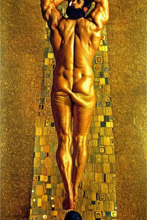 Image similar to A man wearing golden clothes, muscular, fantasy, painting by Gustav Klimt