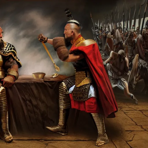 Image similar to Genghis Khan and Scipio Africanus having an arm wrestle, concept art, digital art, 8k photography, cinematic