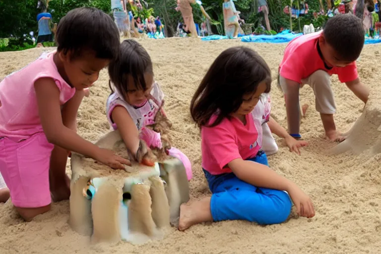 Image similar to children touching a sand castle