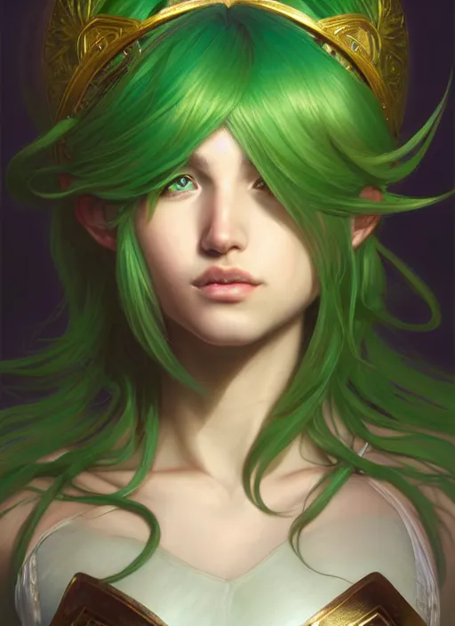 Prompt: portrait from left, head and body only, palutena, green hair, concept art, digital illustration, by rossdraws, frank franzzeta, intricate, masterpiece, elegant, hyper detailed, artstation, unreal engine rendered, concept art, smooth, sharp focus, illustration, art by artgerm and greg rutkowski and alphonse mucha and garis edelweiss