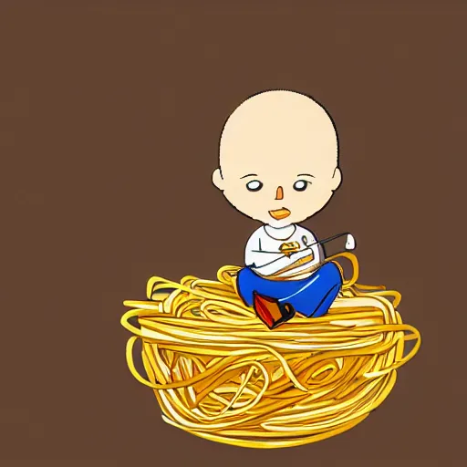 Prompt: A tiny man sitting in a bowl of spaghetti, digital art