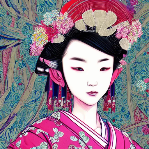 Prompt: the portrait of an unbelievably beautiful, elegant, sensual, and sophisticated young japanese geisha, an ultrafine detailed illustration by james jean, intricate linework, bright colors, final fantasy, behance contest winner, vanitas, angular, altermodern, unreal engine 5 highly rendered, global illumination, radiant light, detailed and intricate environment