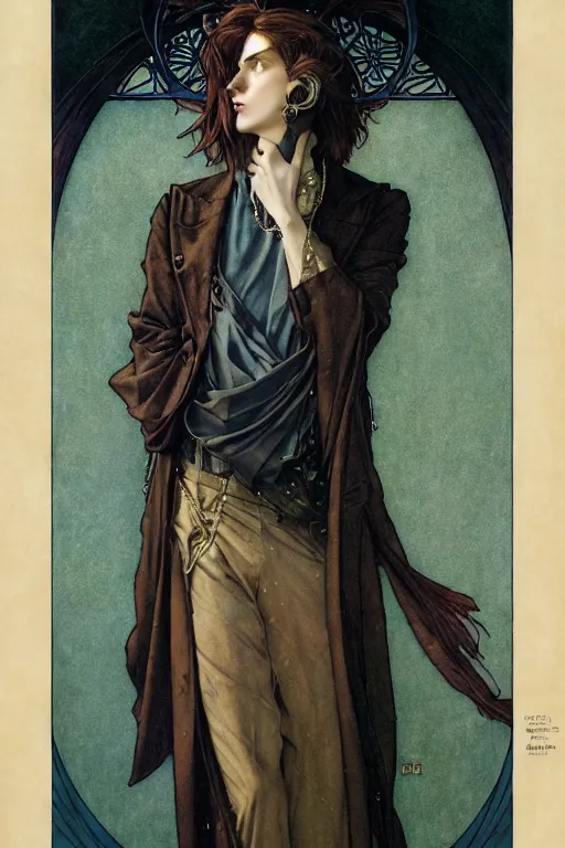 Image similar to edmund dulac, leyendecker, highly detailed portrait, a beautiful androgynous sebastian michaelis, long hair, tall and thin, wearing several pendants, art nouveau, stephen bliss, unreal engine, by greg rutkowski, loish, ferdinand knab, ilya kuvshinov, rossdraws, tom bagshaw, alphonse mucha, global illumination, radiant light