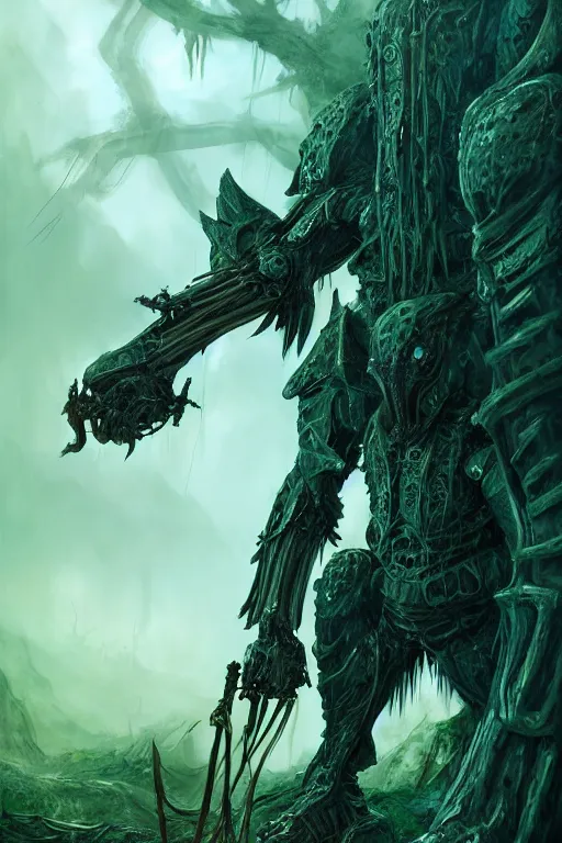 Image similar to neo - gothic giant muscular humanoid chimera, exoskeleton armor, holding katana, dystopian ruins covered in vegetation, highly detailed smooth concept art masterpiece, vitaly bulgarov giger dramatic dark teal light, ground angle hd 8 k, sharp focus