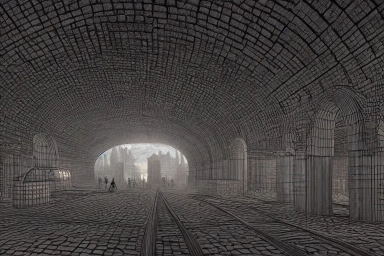 Image similar to intricate, 3 d, subway station, style by caspar david friedrich and wayne barlowe and ted nasmith.