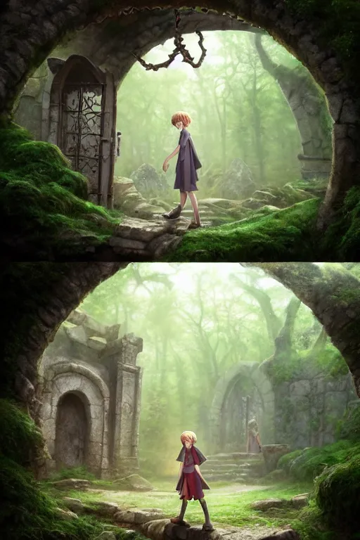 Image similar to a highly detailed matte painting of a teenager with shaggy hair and hip clothes standing in front of a stone gate in the elven forest ruins, by studio ghibli, by artgerm, by wlop, by greg rutkowski, red tones, volumetric lighting, octane render, 4 k resolution, trending on artstation, masterpiece