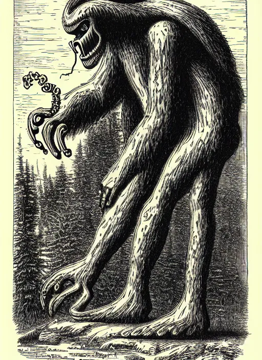 Image similar to illustration of the child of bigfoot and cthulu logging company logo, etching by louis le breton, 1 8 6 9, 1 2 0 0 dpi scan, ultrasharp detail, clean scan