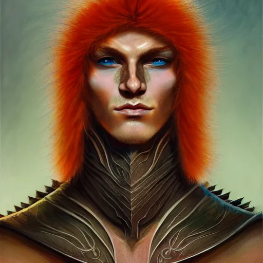 Prompt: portrait painting of an elven young man with short light orange hair and tribal tattoos on his face wearing fur armor, sharp focus, award - winning, trending on artstation, masterpiece, highly detailed, intricate. art by terese nielsen