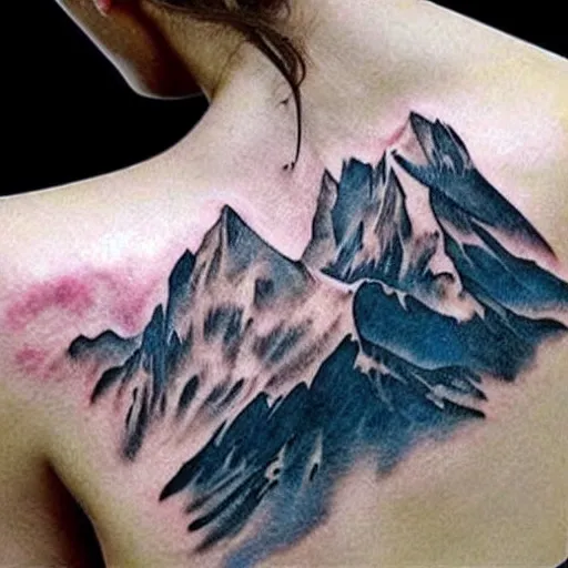 Image similar to double exposure tattoo of megan fox with beautiful mountain scenery, hyper - realistic, in the style of den yakovelev, amazing detail, sharp