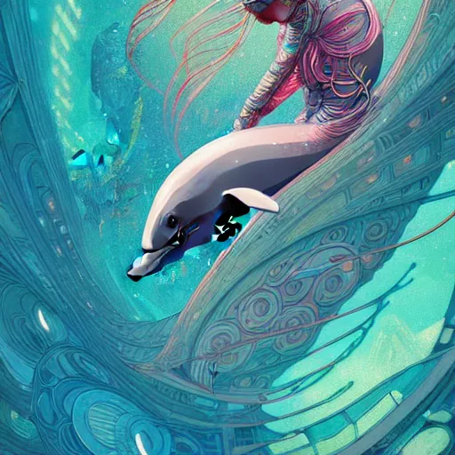 Image similar to a beautiful hyperdetailed character design 4 k wallpaper illustration of a cute dolphin, victo ngai cyberpunk style, from china, style of studio ghibli, makoto shinkai, raphael lacoste, louis comfort tiffany, artgerm, james jean, ross tran, chinese style